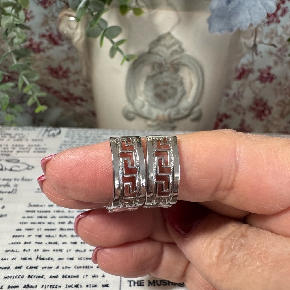 Stainless Steel Greek Key Hoop Earrings with Crystal Accents - Silver - Picture 3 of 4